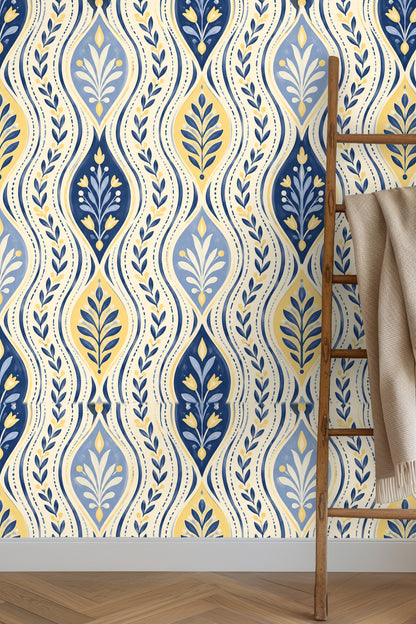 Soft natural light illuminating the botanical wave wallpaper