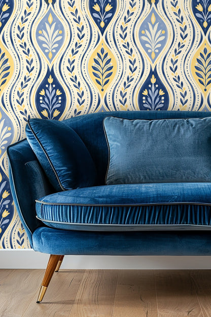 Nursery room featuring botanical wallpaper with blue and gold wave stripes behind a wooden crib