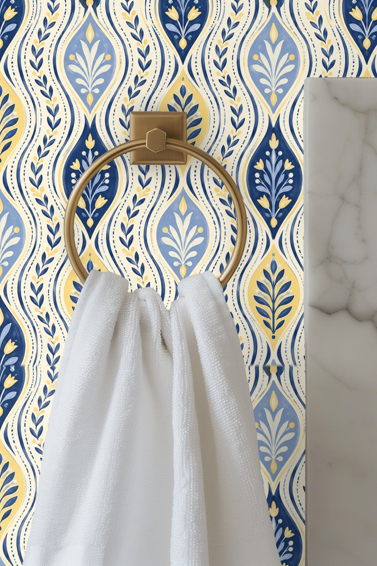 Close-up of hand-rendered floral and leaf motifs on blue and gold wave patterned wallpaper