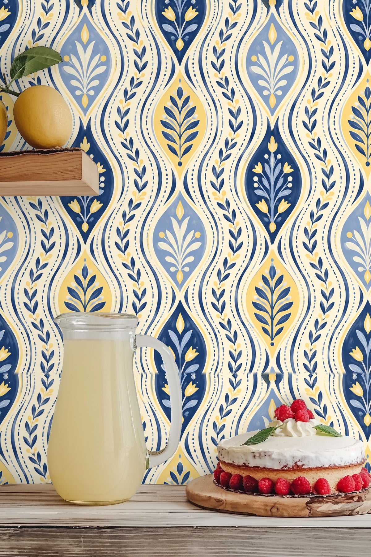Partial wall with botanical wave wallpaper and a hanging beige textile