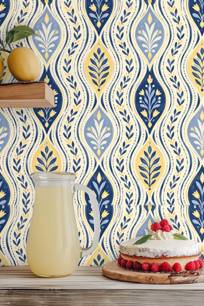 Partial wall with botanical wave wallpaper and a hanging beige textile