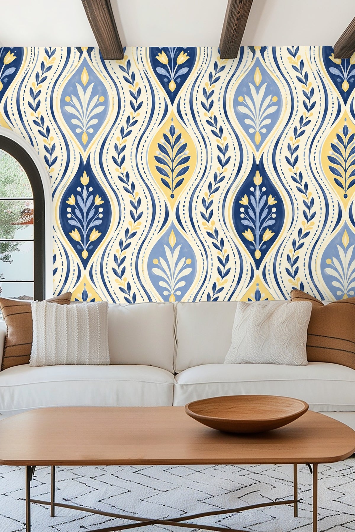 Top corner angle showing botanical wallpaper meeting white ceiling
