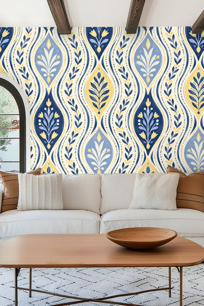 Top corner angle showing botanical wallpaper meeting white ceiling
