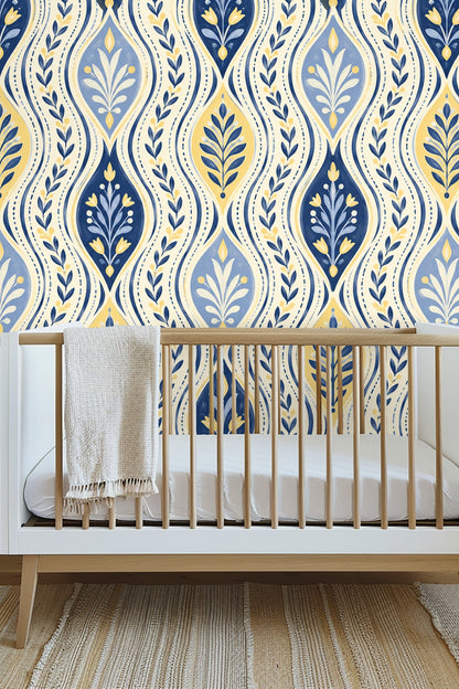 Pattern detail of botanical handpainted wallpaper with blue and gold wave motifs