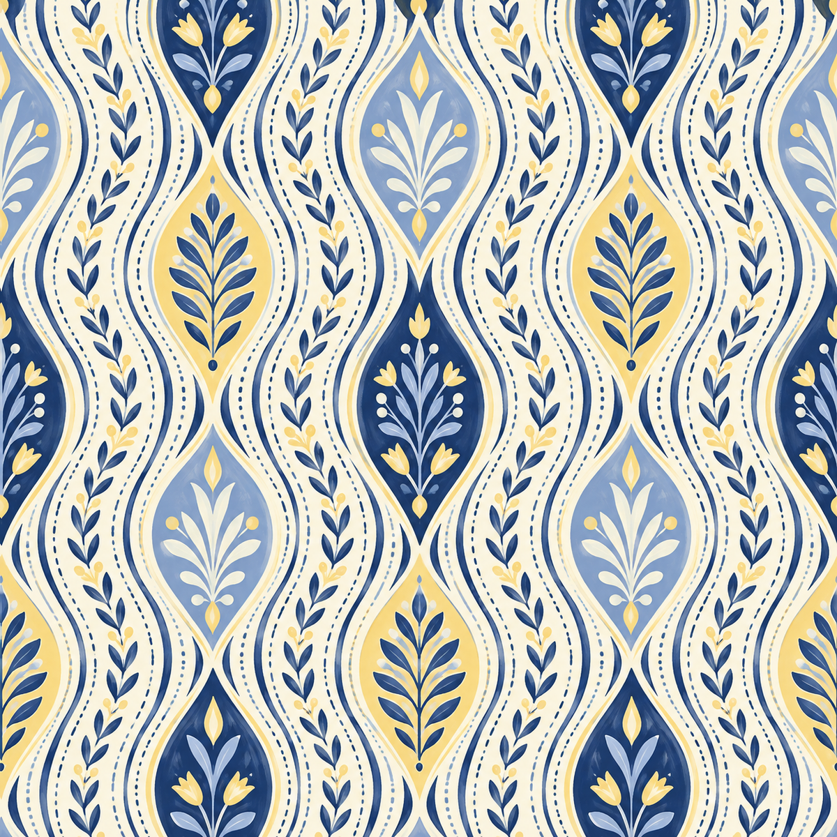 Overall room ambiance with botanical wave wallpaper as the main feature