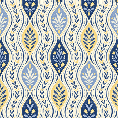 Overall room ambiance with botanical wave wallpaper as the main feature