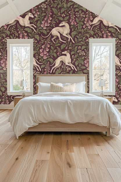 Arrangement of running whippets balanced diagonally in the wallpaper repeat