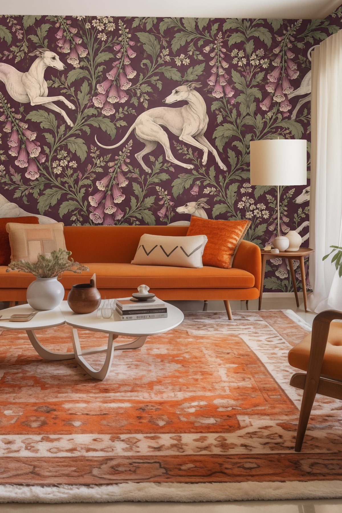 Wallpaper artwork featuring four pale whippets leaping among green foxglove flowers with mauve blooms on a deep plum background