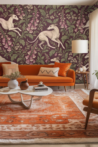 Wallpaper artwork featuring four pale whippets leaping among green foxglove flowers with mauve blooms on a deep plum background