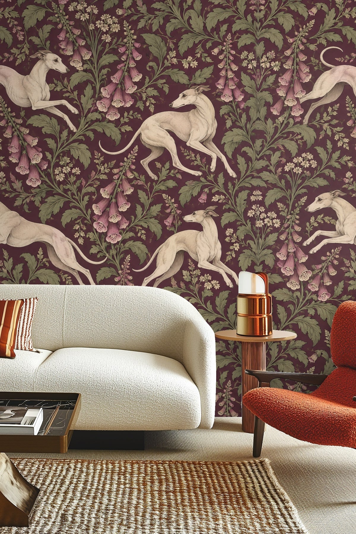 Cozy living room with beige sofa and Foxglove Whippets wallpaper showcasing whippet figures and foxglove blossoms on plum backdrop.