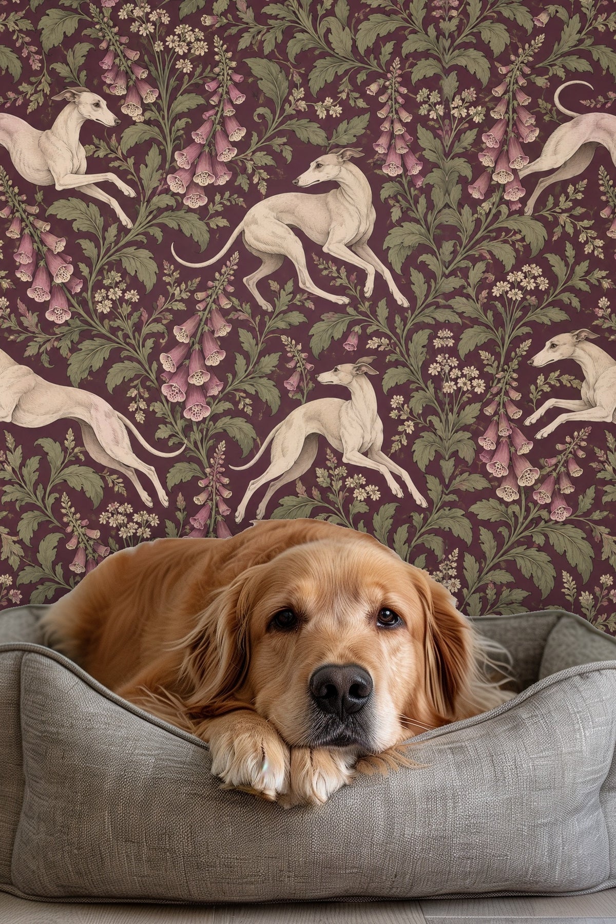 Foxglove Whippets wallpaper detailed view showing leaping whippets and clusters of foxglove flowers on deep plum background.