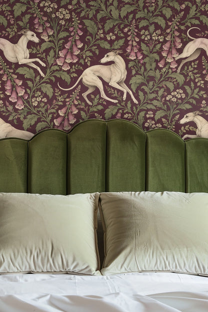 Detailed shading and linework on whippet dog figure in wallpaper art.