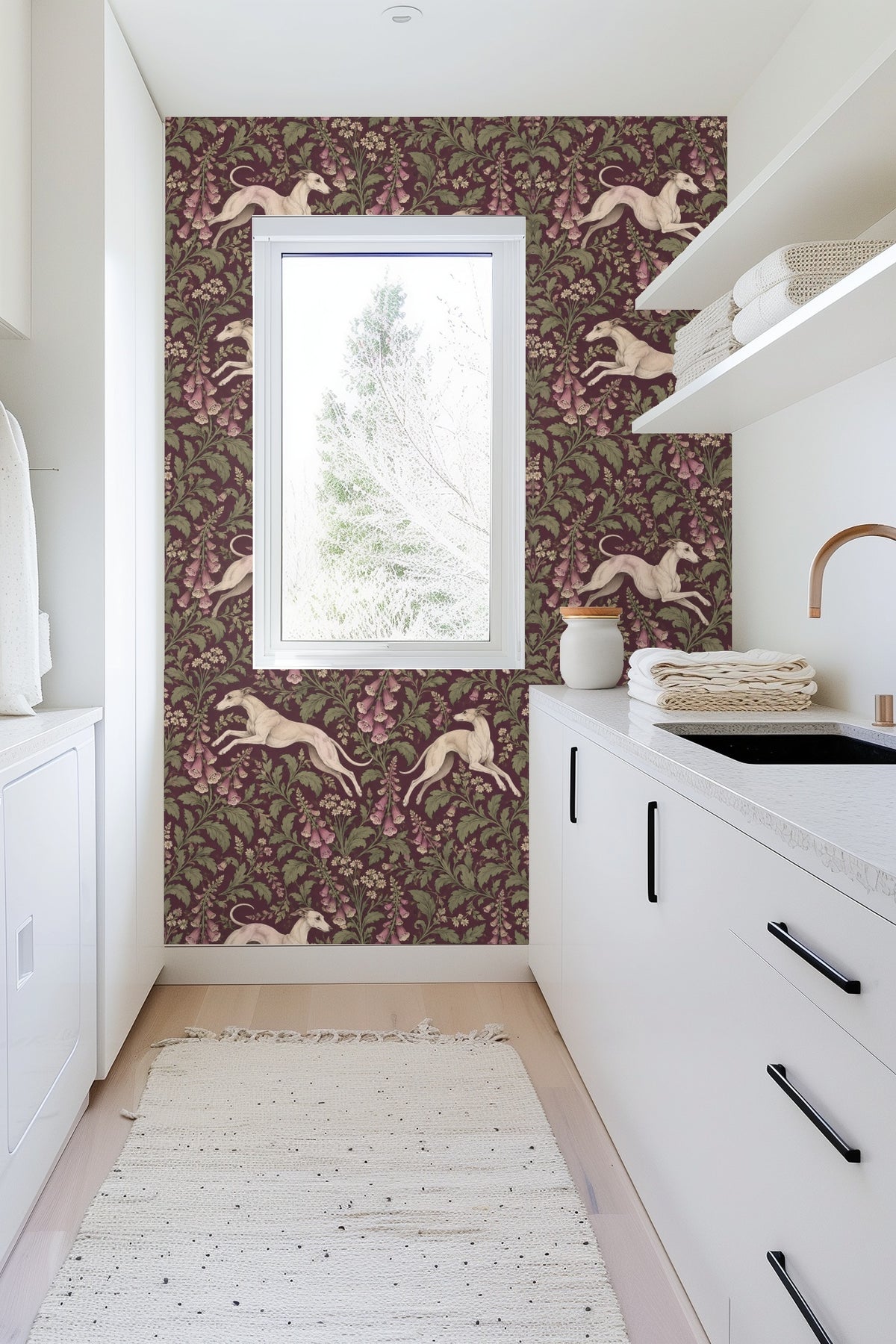 Decorative foxglove flowers in mauve and green on rich plum field allover pattern wallpaper.