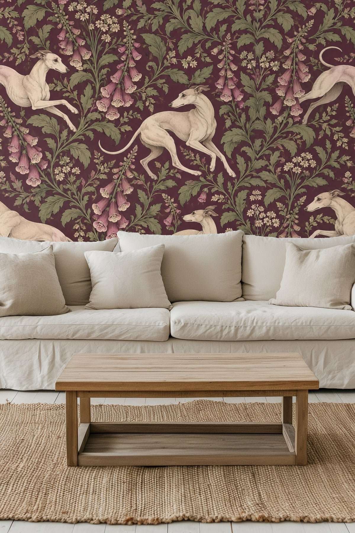Living room with Foxglove Whippets wallpaper featuring plum floral pattern and a golden retriever resting in a dog bed.
