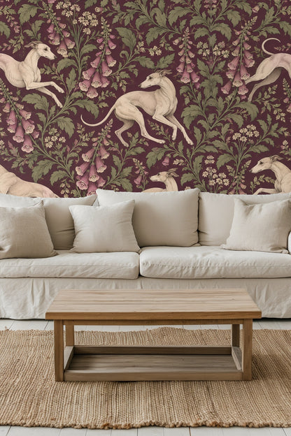 Living room with Foxglove Whippets wallpaper featuring plum floral pattern and a golden retriever resting in a dog bed.