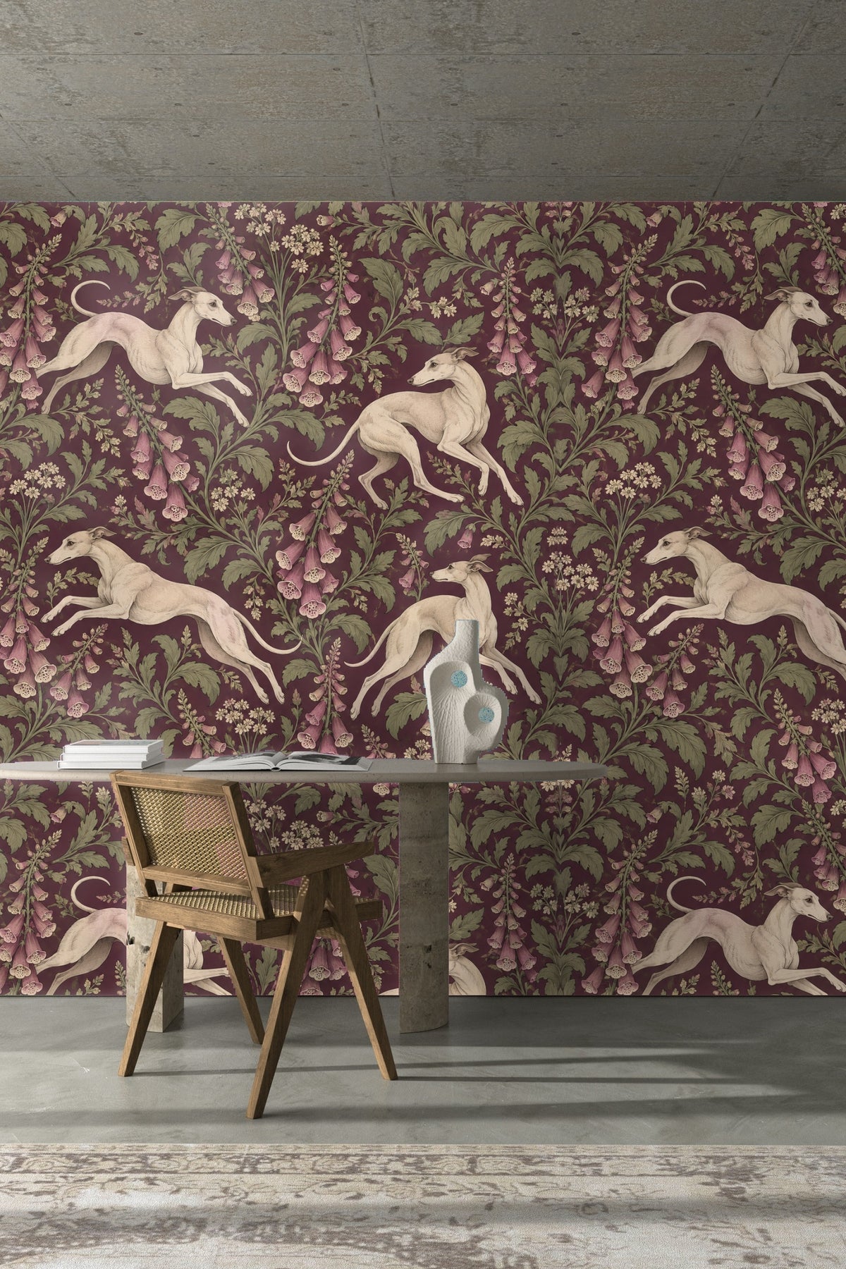 Pattern repeat showing interplay of floral and canine elements