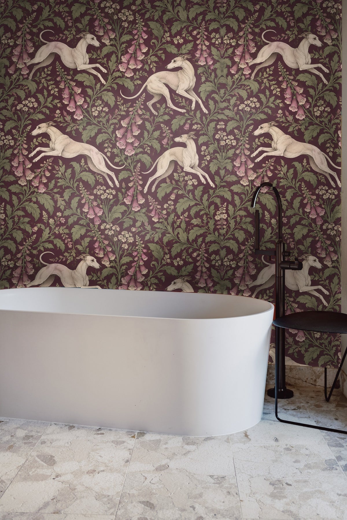Pattern repeat of artistic foxglove and whippet motif on wallpaper sample.