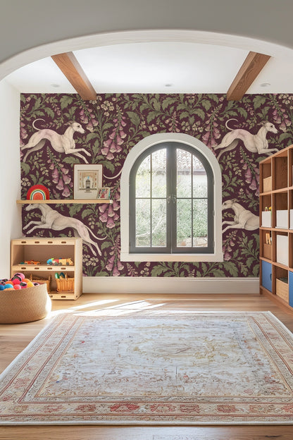 Large scale view of wallpaper covering an entire wall from floor to ceiling indoors