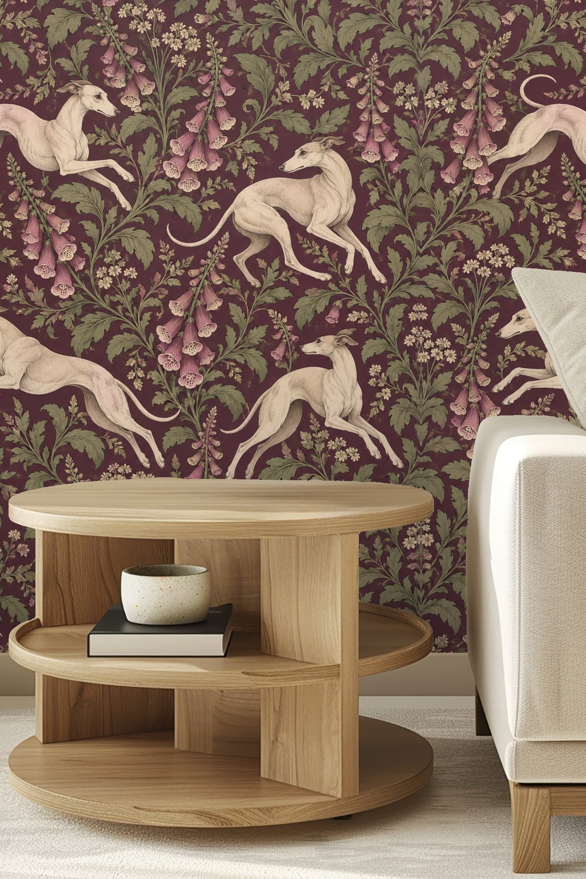 Clustered small white flowers and broad leaves integrated with whippet figures.