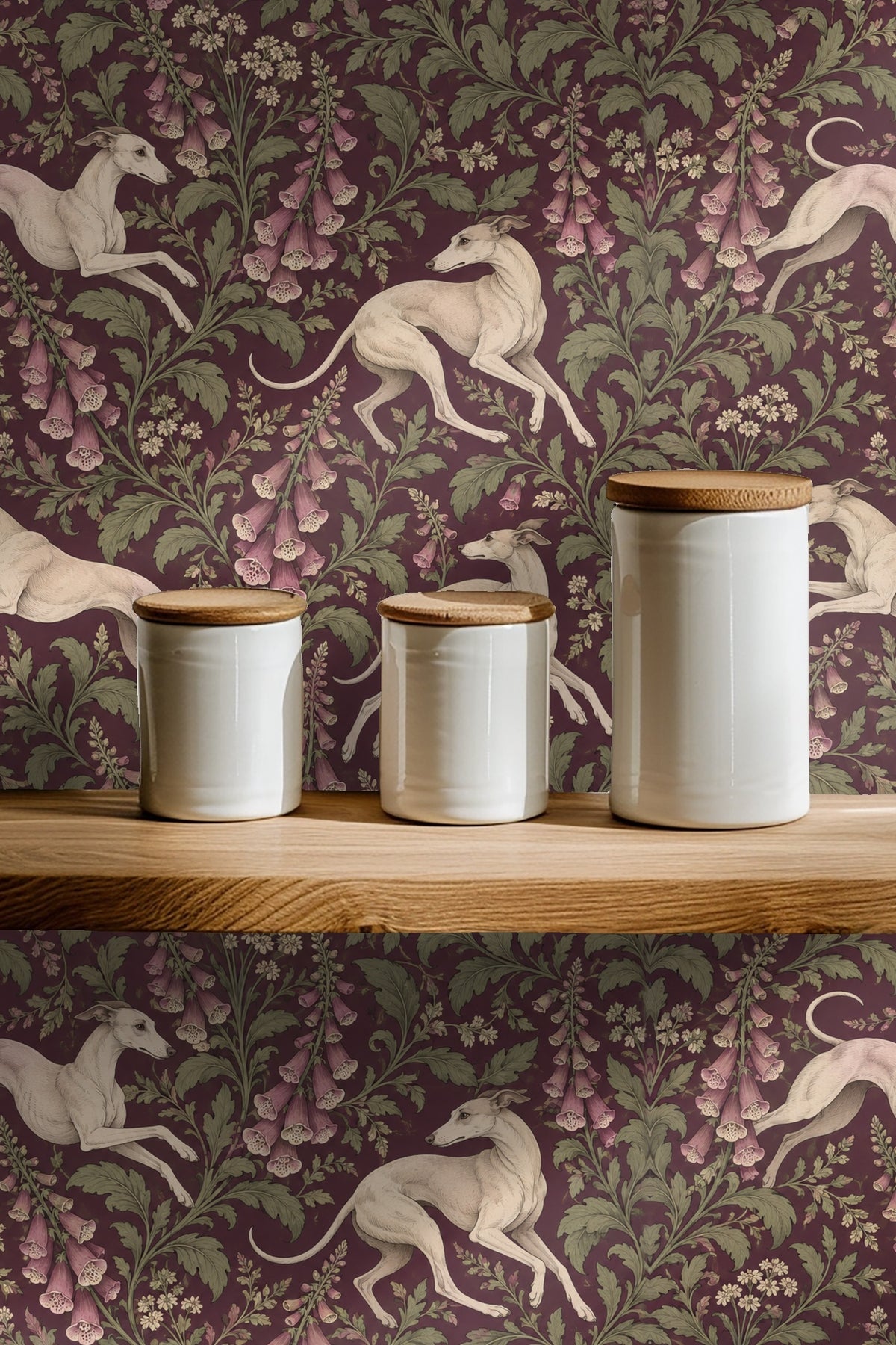 Wall section showing scale and detail of plum-hued floral and dog wallpaper art.