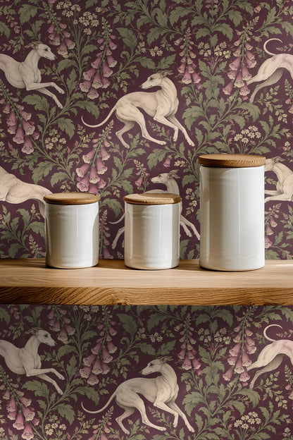 Wall section showing scale and detail of plum-hued floral and dog wallpaper art.