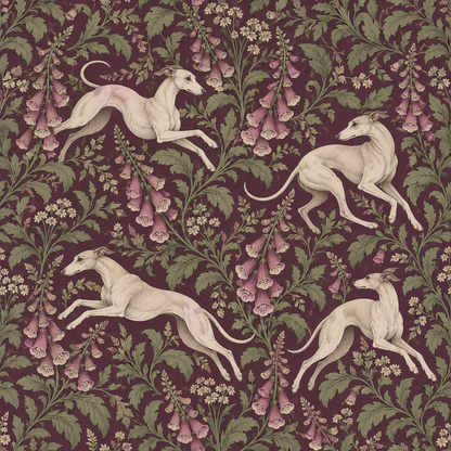 Overall wallpaper pattern showing balance of animal movement and botanical elegance on plum background.