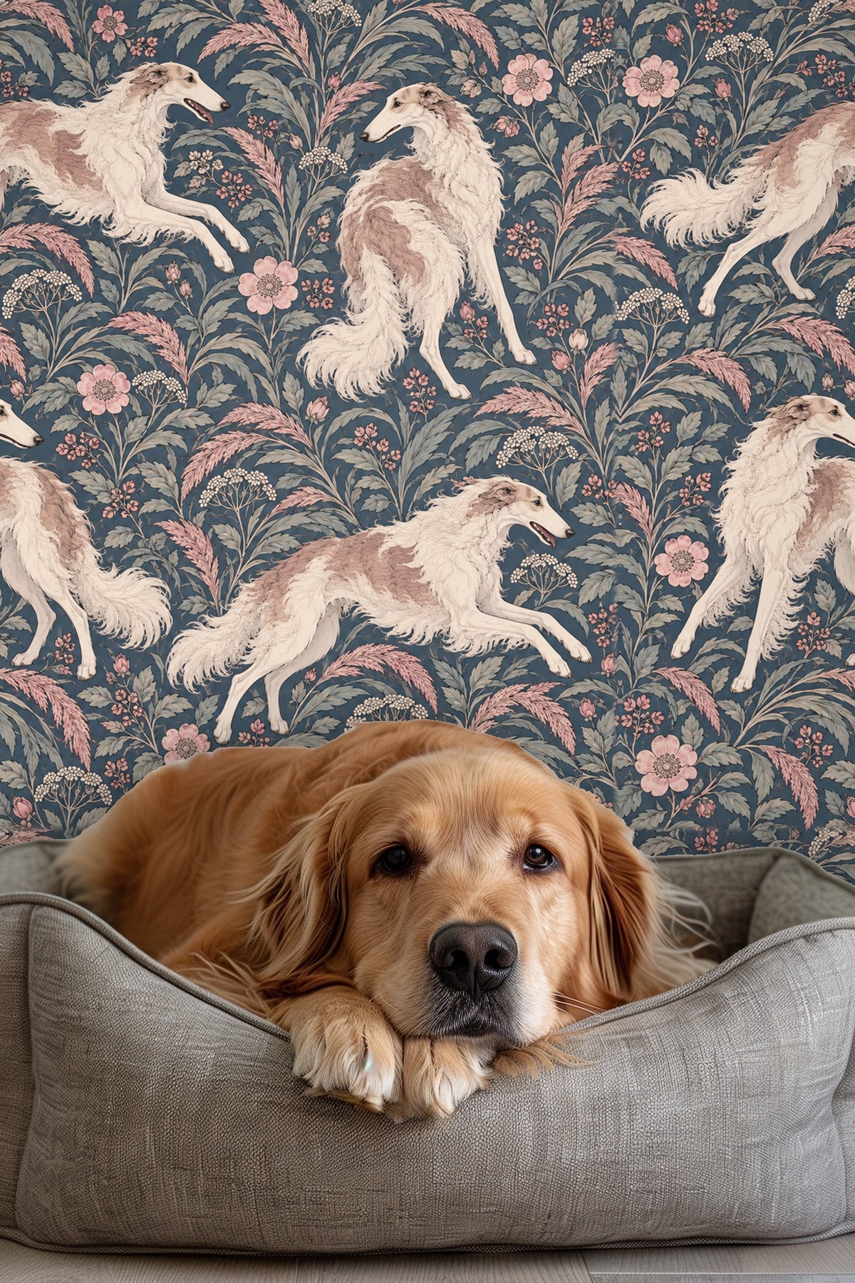 Wallpaper detail showing four borzoi dogs with pink flowers and grasses on deep blue background