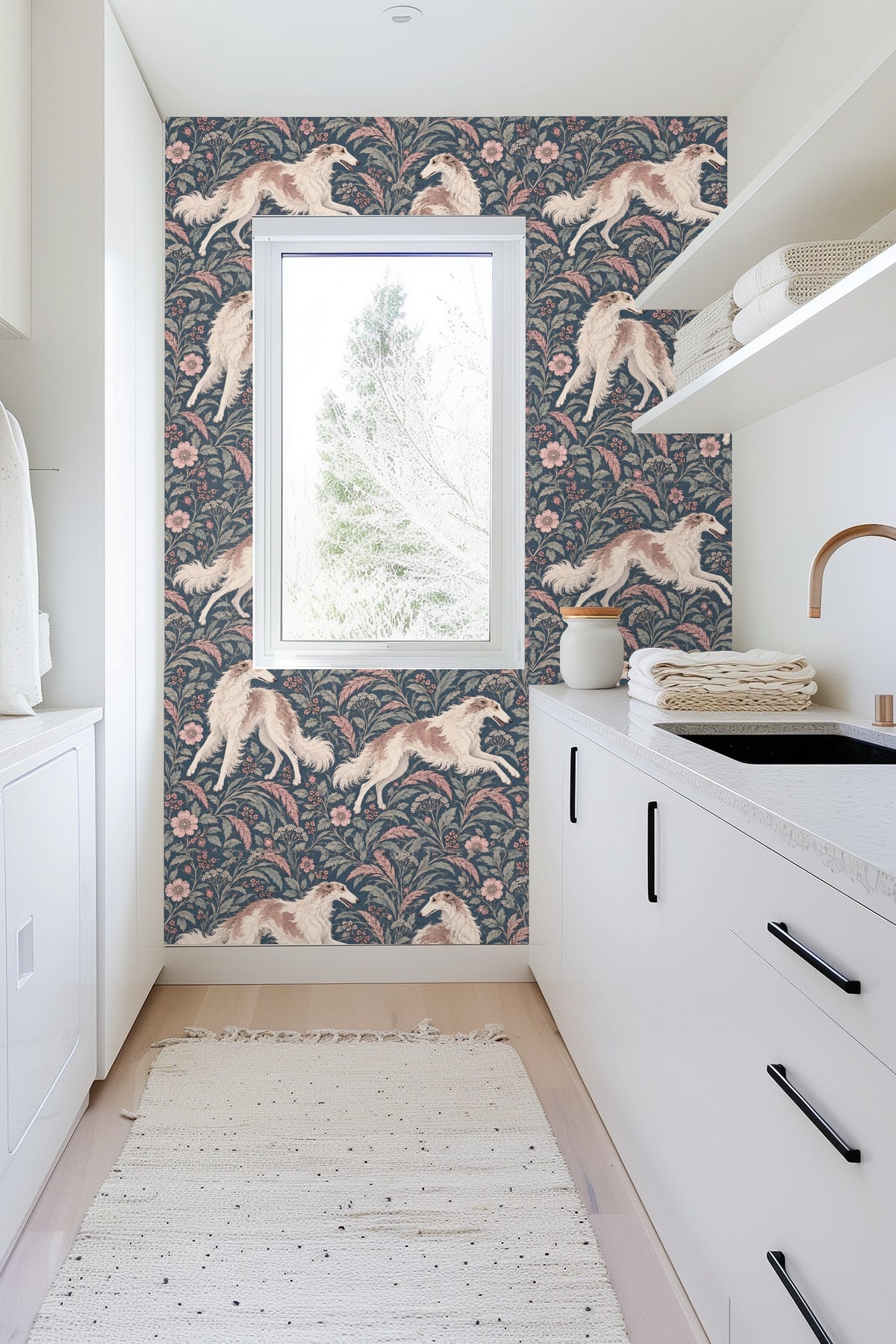 Wallpaper across a full wall showcasing the repeating pattern