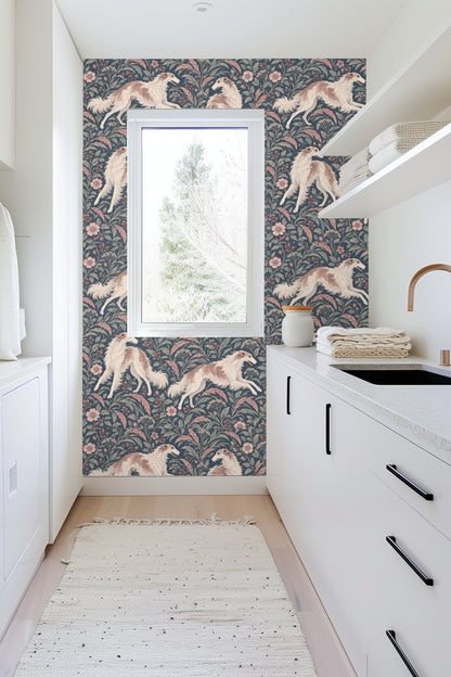 Wallpaper across a full wall showcasing the repeating pattern
