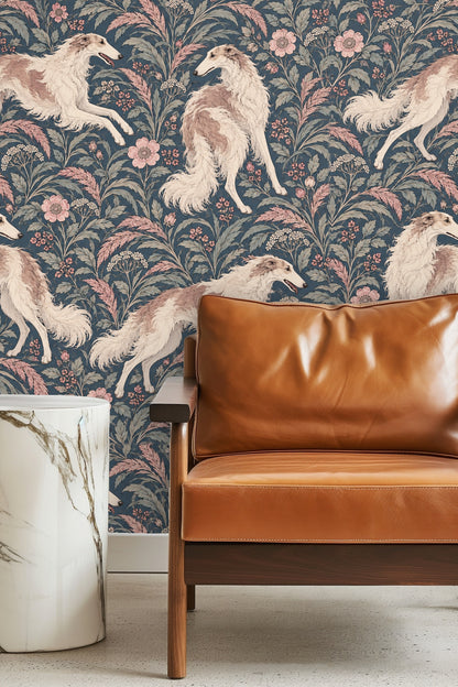 Bathroom wall with the wallpaper behind an open wooden medicine cabinet