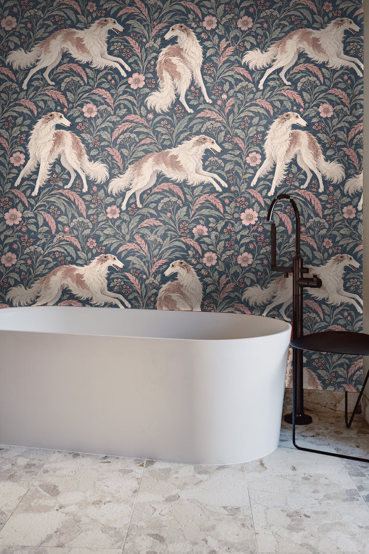 View of wallpaper pattern behind a seating arrangement