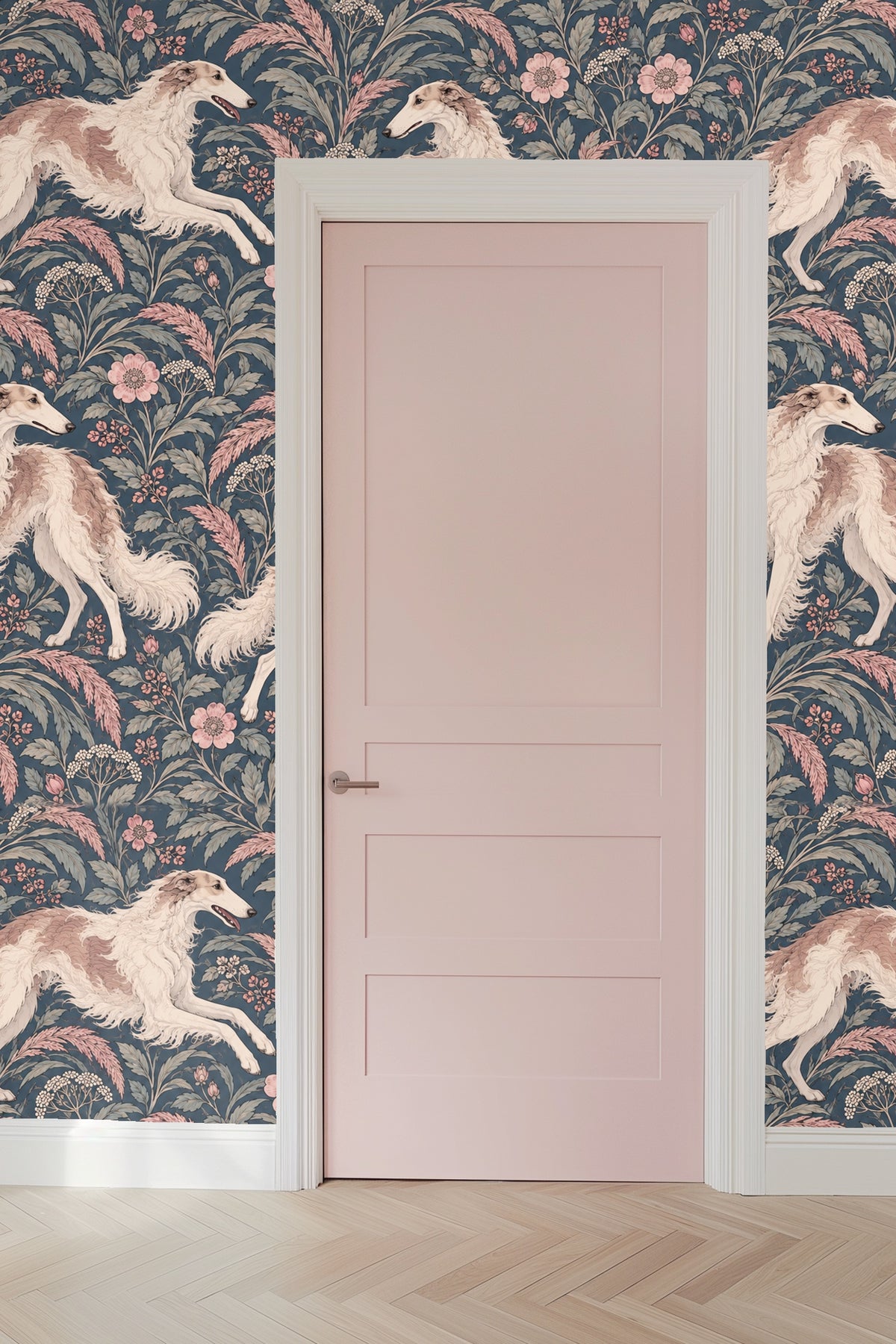 Close-up of dog's face on wallpaper showing delicate line work