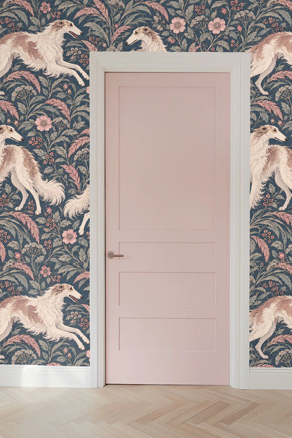 Close-up of dog's face on wallpaper showing delicate line work