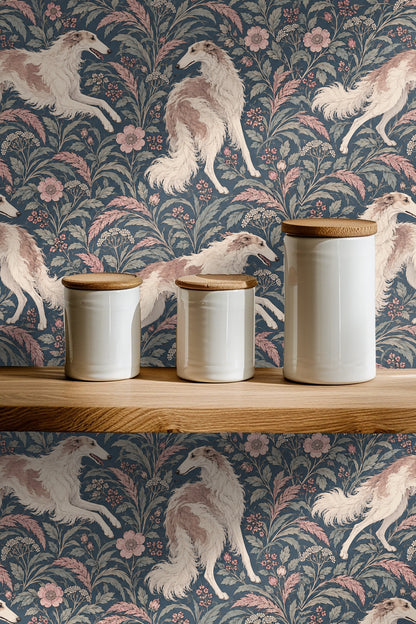 Partial view of wallpaper with dog in mid-leap motif