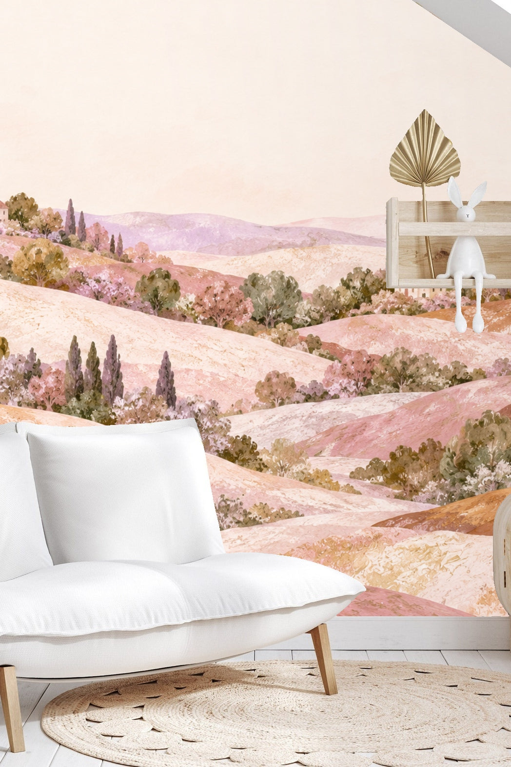 Soft background hills blending into a muted pink sky across wallpaper panel