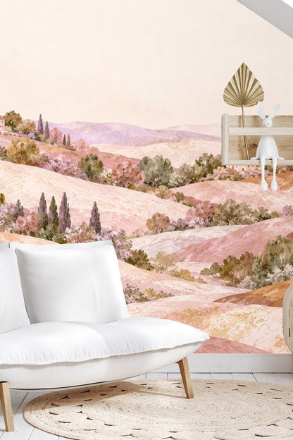 Soft background hills blending into a muted pink sky across wallpaper panel