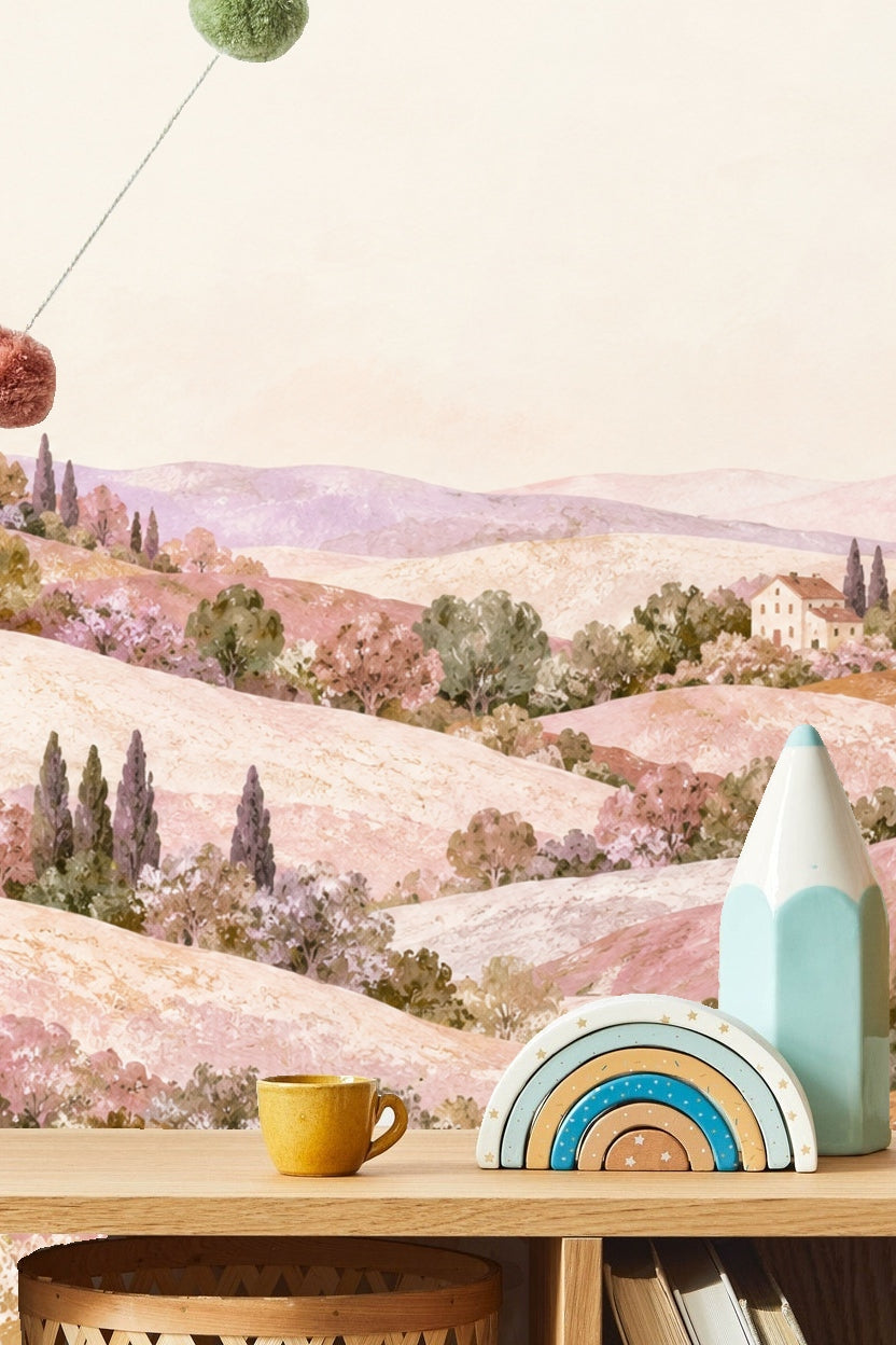 Close-up detail of pastel hills with earthy trees and small Tuscan-style buildings