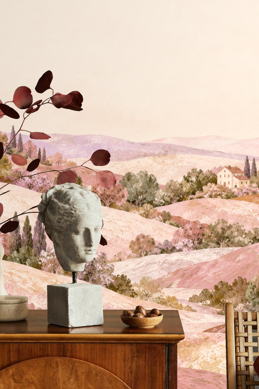 Tuscan hills with scattered leafy trees and small houses, muted soft pastel colors