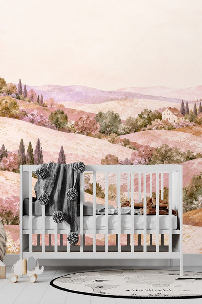 Artistic rendering of rolling hills with textured brush effect in pastel palette