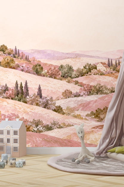 Detail showing textured painterly brushstrokes in a soft Tuscan landscape