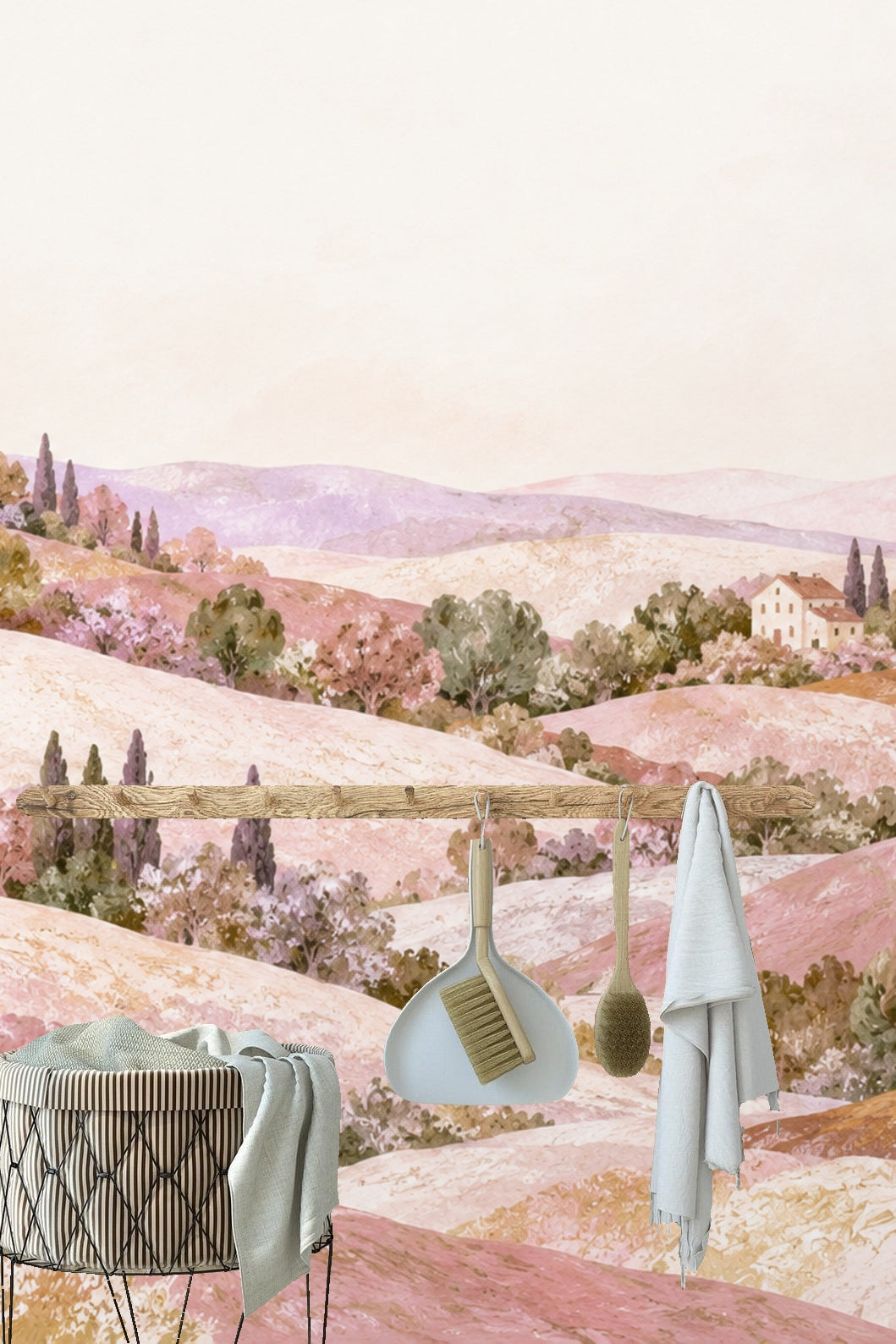 Cluster of cypress trees and villas on distant hilltop in wallpaper art