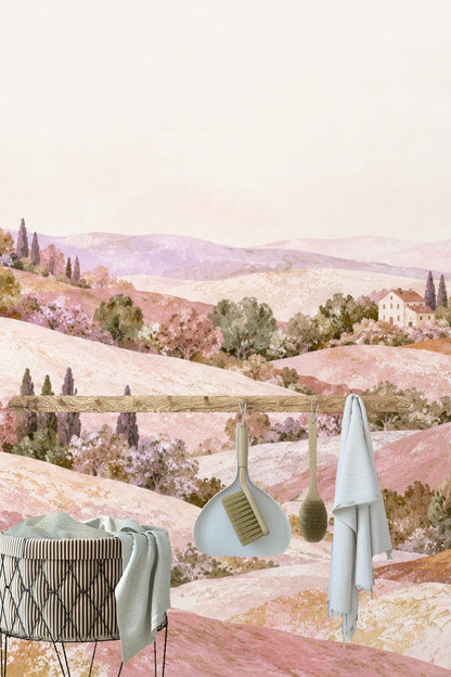 Cluster of cypress trees and villas on distant hilltop in wallpaper art