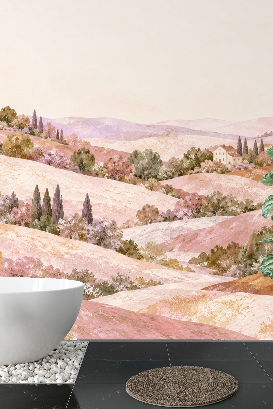 Muted ochre tree in foreground with soft pink hill behind