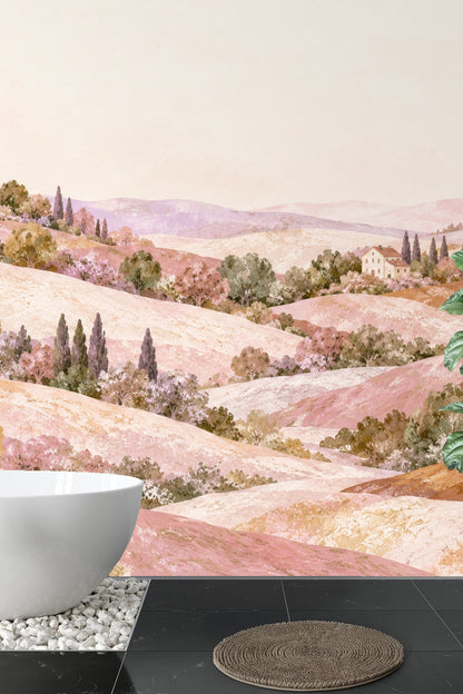 Muted ochre tree in foreground with soft pink hill behind
