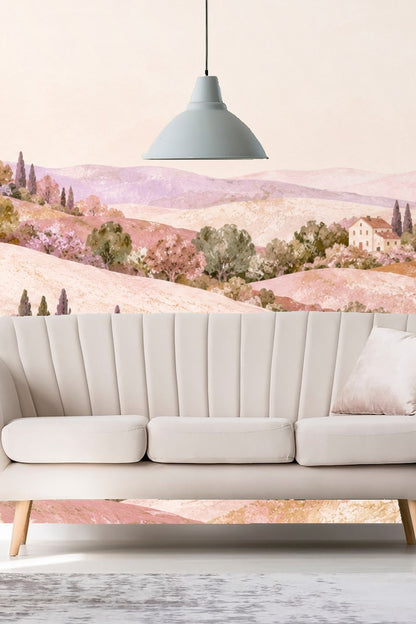 Tuscan-inspired pastel landscape wallpaper panel with rolling hills and cypress trees