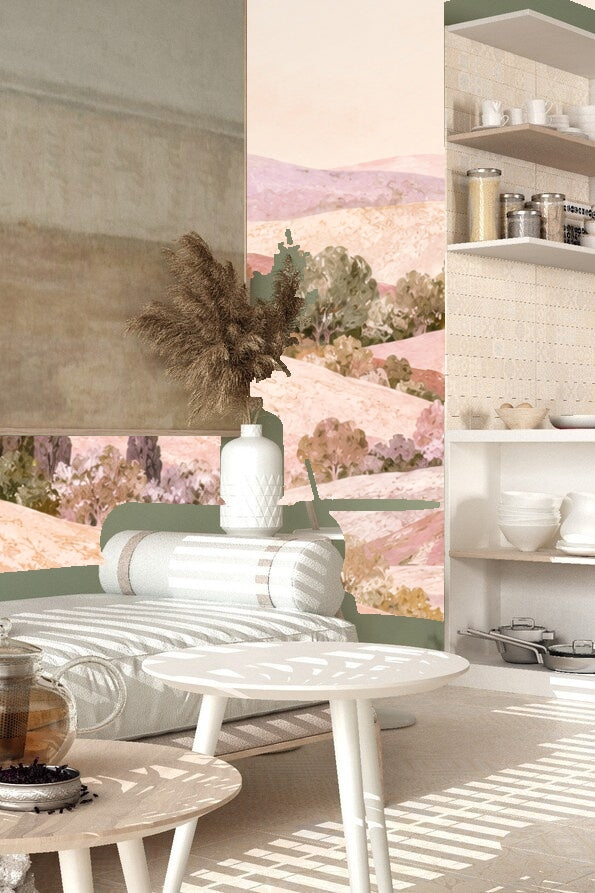 Horizontal repeat of rolling hills and cypress trees in soft pinks, ochres, and greens