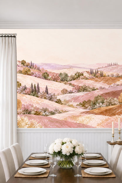 Wide view of landscape wallpaper design showing depth and scale with pastel layering