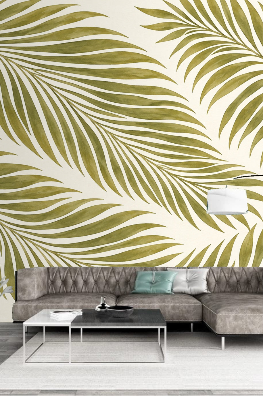 Full wallpaper repeat showing the flow of olive green palm leaves on cream