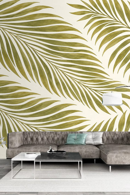Full wallpaper repeat showing the flow of olive green palm leaves on cream
