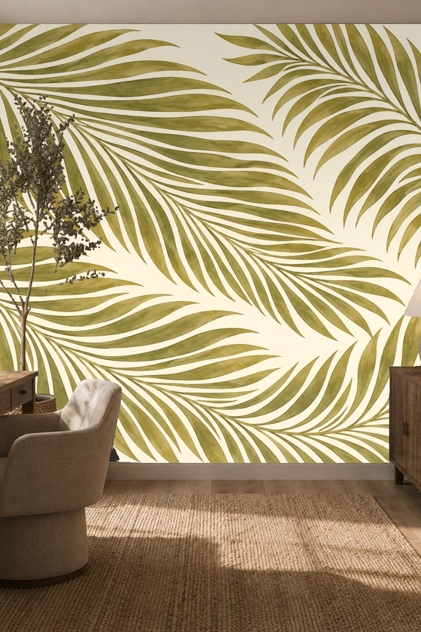 Nursery corner with rocking chair and Olive Frond Cascade wallpaper in soft olive green tones